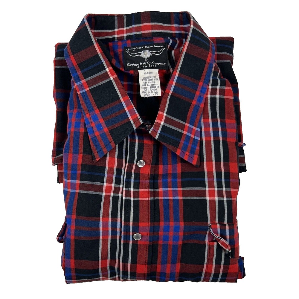 Flying R Ranchwear Blue Black Red Plaid L/S Ctn Poly Pearlsnap Mens Size 2XL XXL